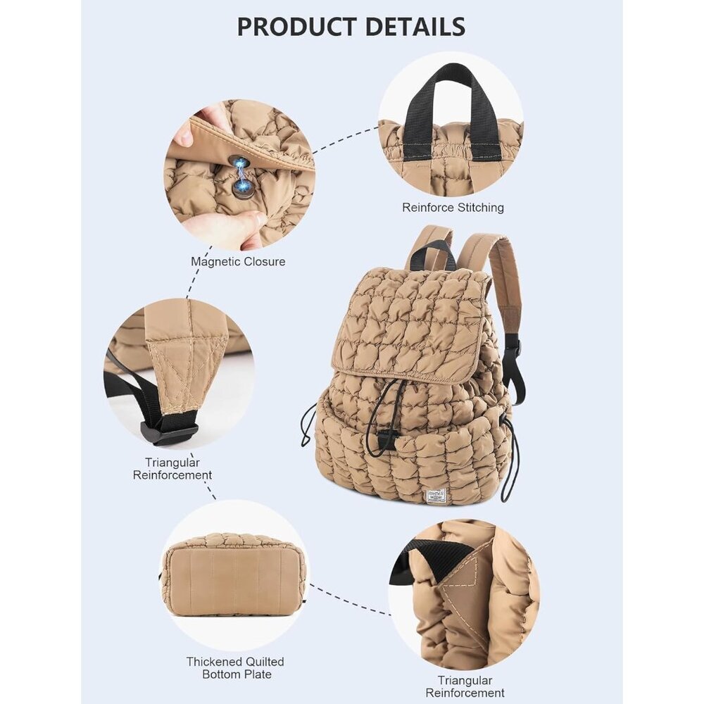 Women's Khaki Quilted Puffer Imported Drawstring Magnetic Closure Backpack - Picture 6 of 7